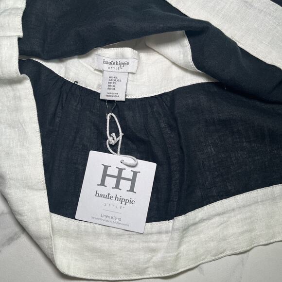 Haute Hippie Crop Top Classic Black Cream Linen Blend Color Block Sleeveless XL - Picture 4 of 8